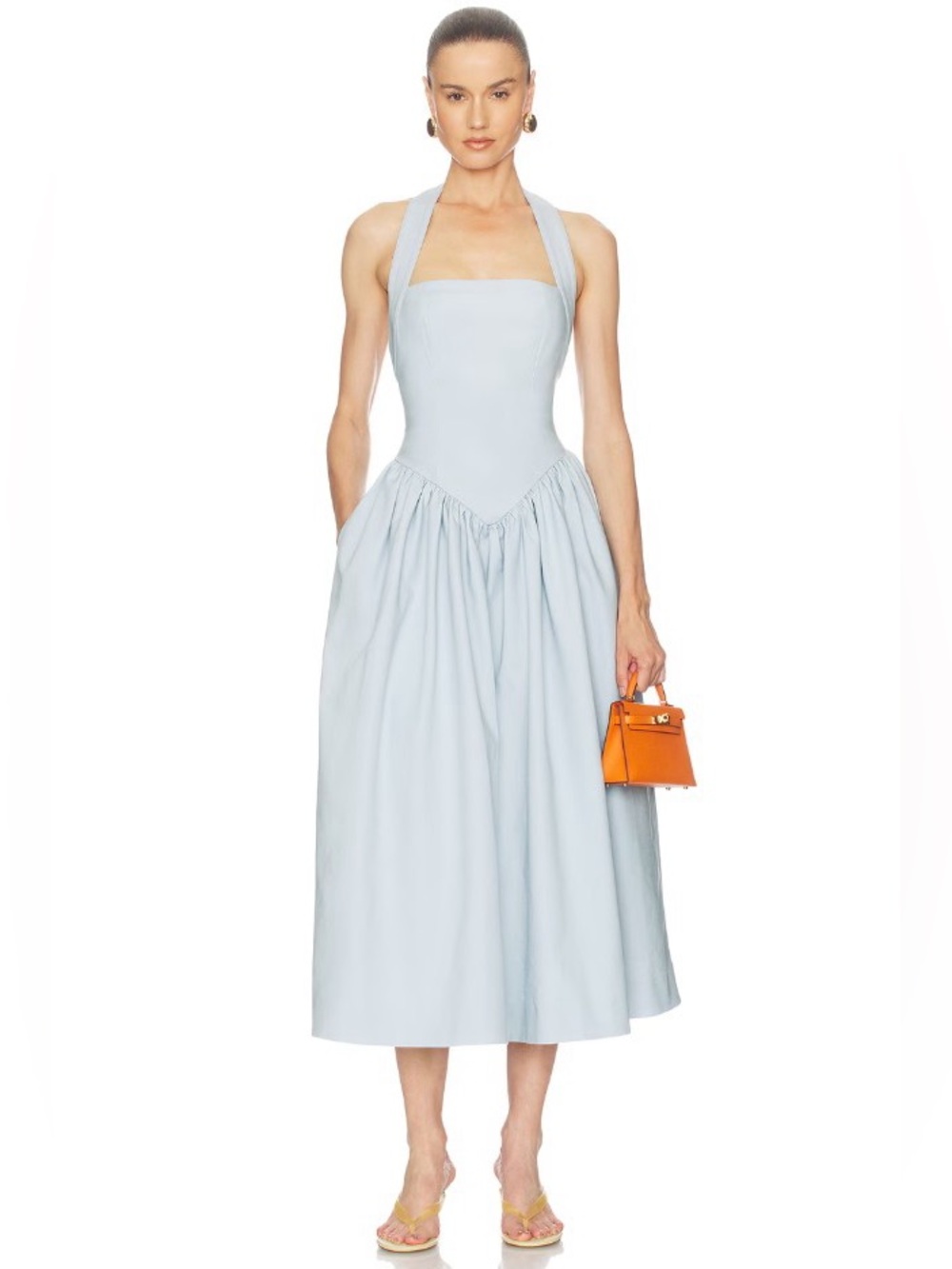 Helsa Powder Blue Halter Open Back Basque Waist Corset Midi Dress NWOT - Picture 2 of 4